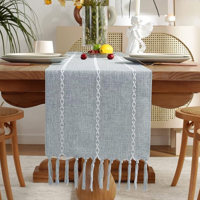Wracra Rustic Linen Table Runner, Dusty Blue Table Runners 108 inches Long | by Wracra