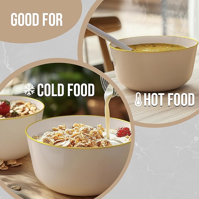 Trendables 24 oz Plastic Bowls Set - Fancy Serving Bowls - Perfect for Ice Cream, Salad, Candy - Disposable (10, Cream Gold Rimmed)