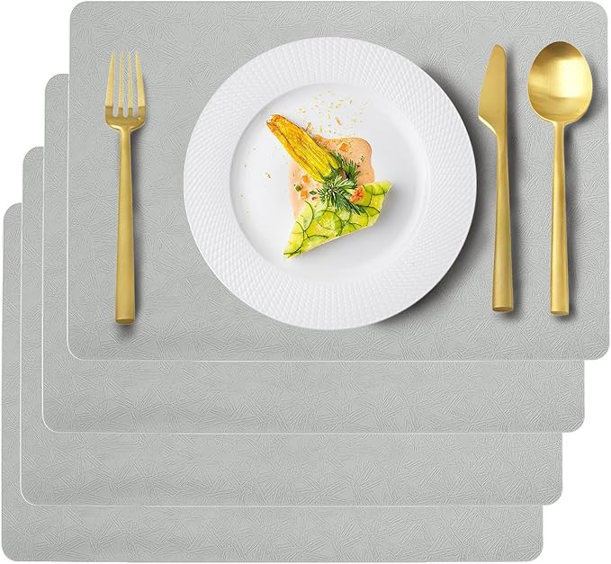 Vinyl Placemats Set of 4 Faux Leather 100% Waterproof Wipeable Washable Place Mats Heat Resistant Easy Clean Non-Slip Table Mats for Indoor Outdoor. (4, Light Gray)