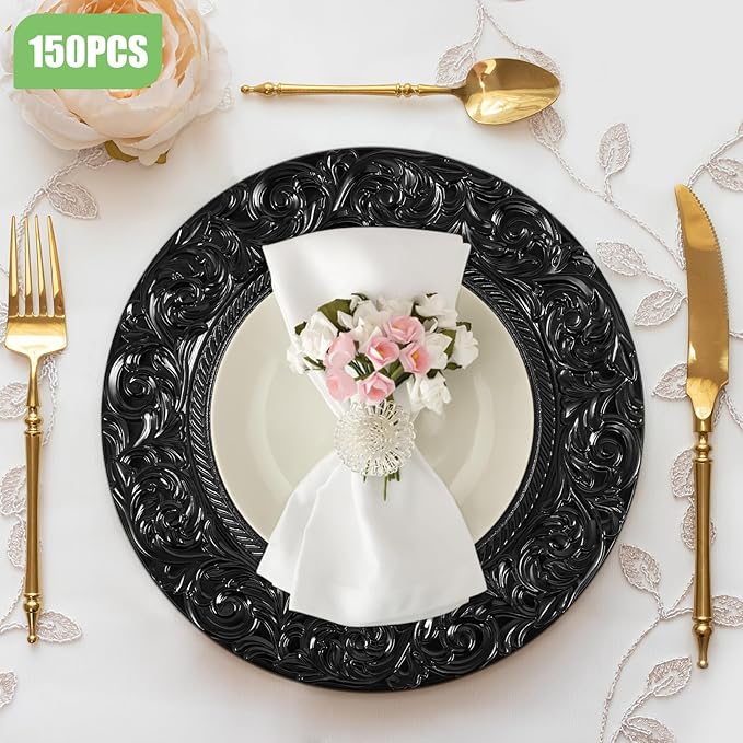 150 Pcs Charger Plates Set, Round Charger Plates, Reusable Serving Plates Embossed Rim Plastic Chargers Plate Decorative Round Plate Chargers for Dinner Plate Table Wedding Shower Decoration
