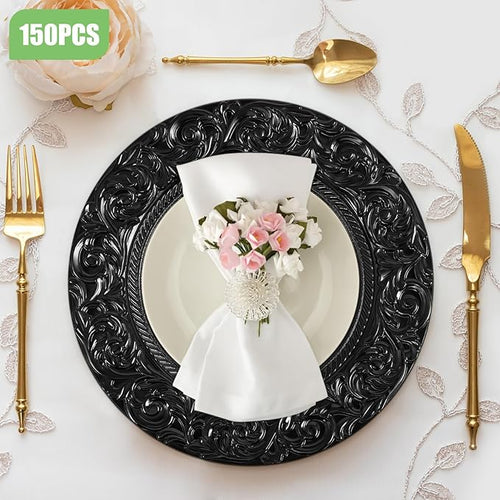 150 Pcs Charger Plates Set, Round Charger Plates, Reusable Serving Plates Embossed Rim Plastic Chargers Plate Decorative Round Plate Chargers for Dinner Plate Table Wedding Shower Decoration
