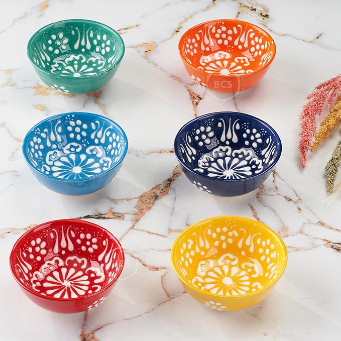 BCS Ceramic Salsa Bowls Set of 6 Small Pinch Bowls for Dipping, Cooking Prep & Charcuterie Board, Soy Sauce Dish, Multicolor Handmade Decorative Mini Serving Dishes Dishwasher Safe (3.2''-3 oz)