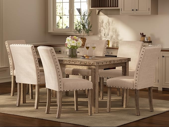 Morden Fort Farmhouse Style Dining Chairs Set of 2, Rustic Upholstered Kitchen & Dining Room Chairs with Rivet Detailing, Solid Wood Legs & Sturdy Wooden Chair Design for Comfortable Seating