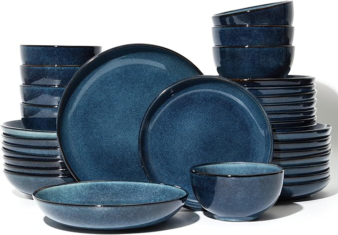 32 Piece Double Bowl Dinnerware Sets with Pasta Bowls, Highly Chip and Crack Resistant Plates and Bowls Sets, Natural Earthyware Ceramic Dishware Sets, Service for 8 Starry Blue
