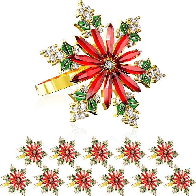 ZeeDix Christmas Crystal Snowflake Napkin Rings Set of 12- Rustic Dinner Tables Setting Decoration for Wedding Receptions, Christmas Holiday Party Dinner Parties