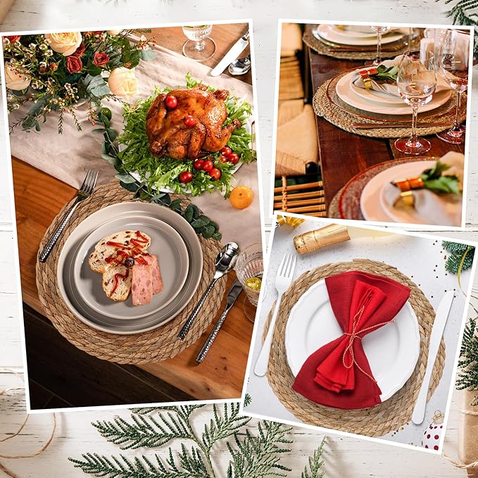 GENMOUS Woven Placemats Set of 6, 12" Round Placemats Natural Water Hyacinth Boho Placemats, Farmhouse Rattan Chargers for Dinner Plates, Rustic Braided Wicker Table Mats for Dining Table,Home,Wedding