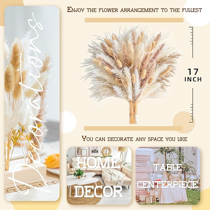 180PCS Natural Pampas Grass Mix Bouquet | Dried Pampas Bouquet for Wedding Boho Flowers Home Table Decor Desk Decor, Rustic Farmhouse Decor (180PCS)