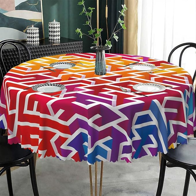 Laeacco 70 Inch Maze Round Tablecloth Colorful Labyrinth Texture Modern Geometric Abstract Art Print Table Cloth Washable Waterproof Wrinkle Free Table Cover for Kitchen Dining Picnic Party Decor