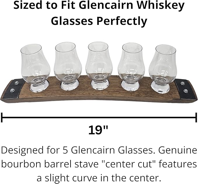 Barrel Stave Premium 5 Glass Whiskey Flight Serving Tray with Glencairn Glasses, Dark Walnut