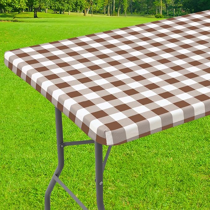 Smiry Rectangle Picnic Table Cloth, Elastic Waterproof Fitted Vinyl Tablecloths, Flannel Backed Buffalo Plaid Table Covers for Dining, Camping, Outdoor (White and Brown, 30" x 48")