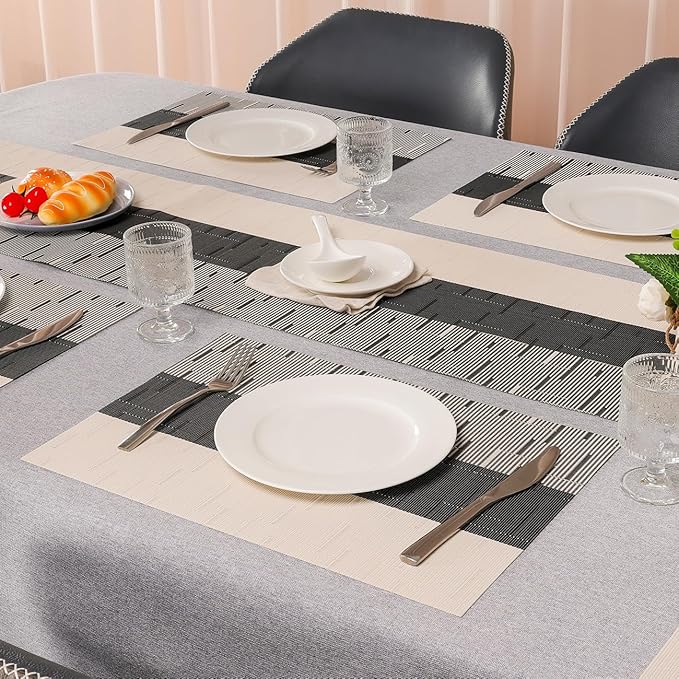 Placemats Set of 6, Vinyl Woven Place Mats Indoor Set of 6 Washable Wipeable PVC Table Mats Heat-Resistant Non Slip Plastic Placemat for Kitchen Dining Outdoor Table (Beige Black, Set of 6)