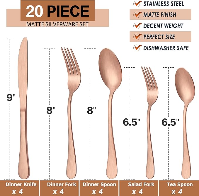 LIANYU 20 Piece Matte Copper Silverware Set, Stainless Steel Copper Flatware - Image 2