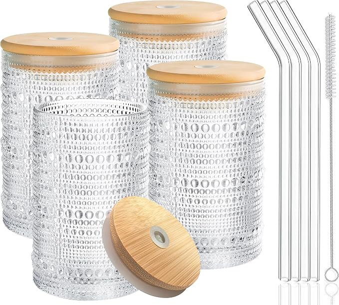 Hobnail Drinking Glasses with Bamboo Lids and Glass Straw 4Pcs Set - 14oz by Lvtrupc