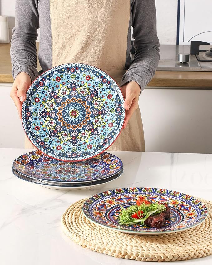 HASENSE Dinner Plate Set of 4, 10.5 Inch Porcelain Plates for Kitchen, Large Salad Plates for Steak, Dishes Set for Restaurant, Microwave, Oven & Dishwasher Safe for Christmas Gift, Bohemian