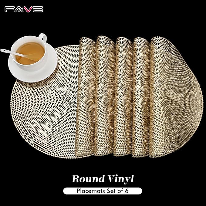 FAVE 10PCS Gold Vinyl Round Placemats, Wheat Sheaf Design 15 Inch Placemats Set of 10 Washable for Dining, Events, Banquet, Home & Daily Use (Gold Wheat,10pcs)
