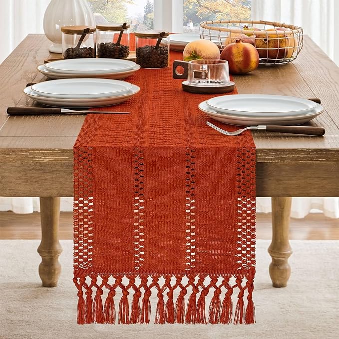 Macrame Style Boho Table Runner, 12x72 Inch Dark Orange | Woven Boho Table - Image 2