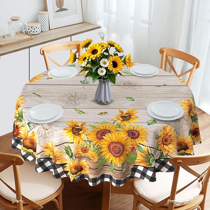 Sunflower Tablecloth 60 Inch Round, Farmhouse Bee Decor Black White Buffalo Check Table Cloth for Party Dining Room