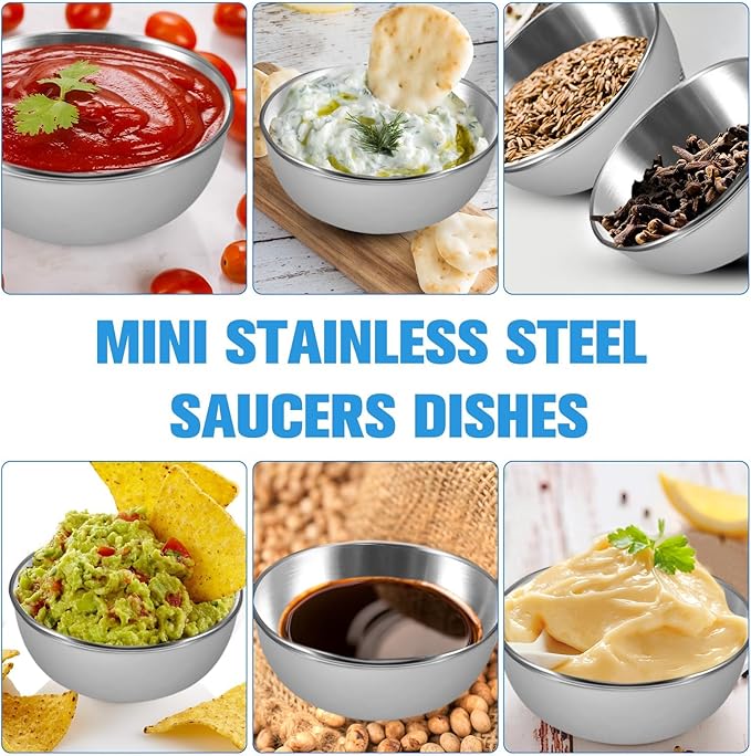 10 Pack 3.2 inch Stainless Steel Sauce Dishes 3.5 oz Mini Individual Saucers Bowl Round Seasoning Dishes Bowl Serving Appetizer Plates for Kitchen Prep Side Dish Soy Sauce Sushi Dip(10)