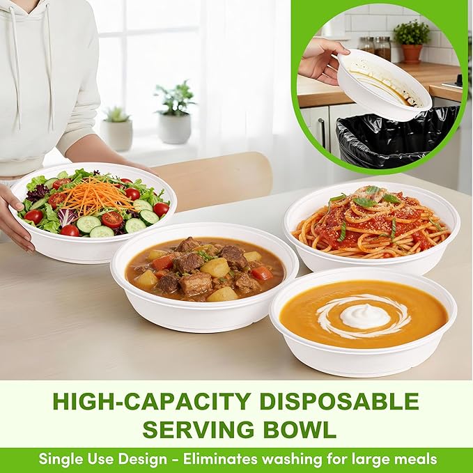 105oz Extra Large Disposable Sugarcane Fiber Paper Bowl, Heavy-Duty Round Serving Bowl for Soups, Pasta & Saucy Dishes, Eco-Friendly Tableware for Restaurants & Catering