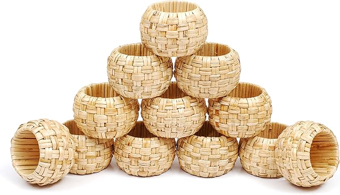 Natural Rattan Napkin Rings Set of 12 - Fancy Elegant Beautiful Decorative Napkin Holder for Dining Table Décor, Easter, Farmhouse, Dinner, Wedding, Family Gathering, Thanksgiving & Everyday Use