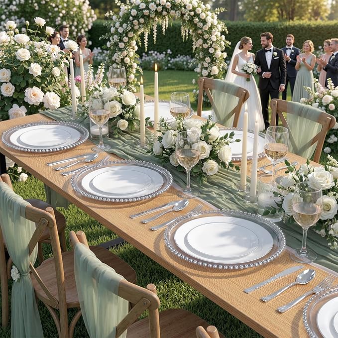 KIRE 200PCS Silver Plastic Plates - White Plastic Plates with Silver Rim Include 100 Dinner Plate and 100 for Dessert/Salad Plate for Birthday/Wedding/Party for Christmas