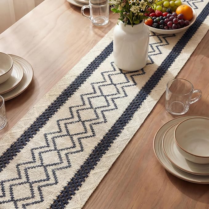 Artoid Mode Dark Blue Stripe Diamond Woven Table Runner 12x108 Inch | Holiday - Image 3