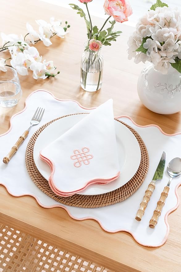 Hofdeco Premium Coastal Patio Indoor Outdoor Placemat Set of 4, 14"x19" Double-Layered, Waterproof Cloth Placemat for Kitchen or Dining Table. Blush Pink Embroidered Solid A