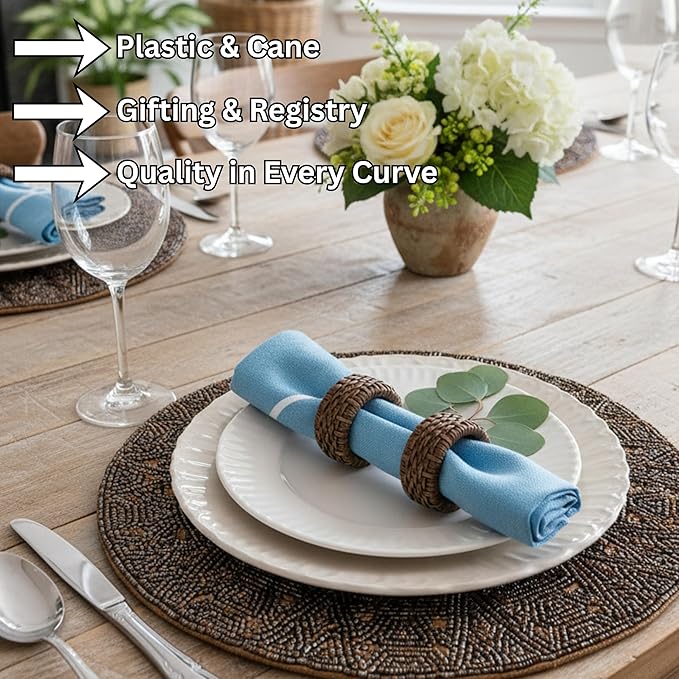 CLEENTABLE Decorative Jute Napkin Ring, Cane Napkin Rings Set of 12 - Hand Woven Napkin Holders for Farmhouse, Rustic, Holiday, Wedding, Easter, Thanksgiving, Xmas, Boho & Fall Table Décor (Walnut)