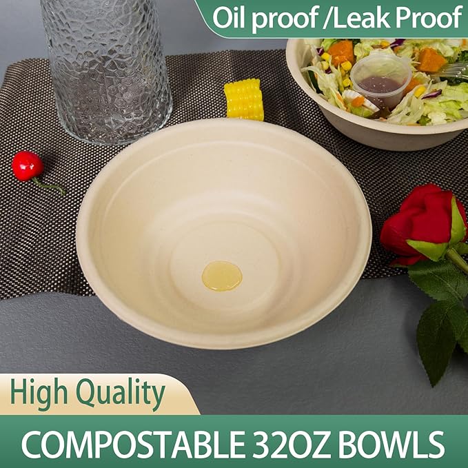 32oz Disposable Salad Bowls 150Pack, Big Paper Bowls, Large, Heavy-Duty, Eco-Friendly, Bulk Pack, Compostable Bowls, Biodegradable Made of Sugar Cane Fibers,Perfect For Salad