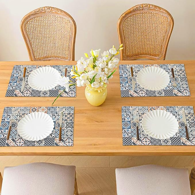 Mandala Bohemian Placemats Set of 6 Two-Sided Washable Table Placemat Boho Mat Fabric Cloth Vintage Flower for Farmhouse Kitchen Outdoor Dining Decor 12x18 Inch (Bohemian B)