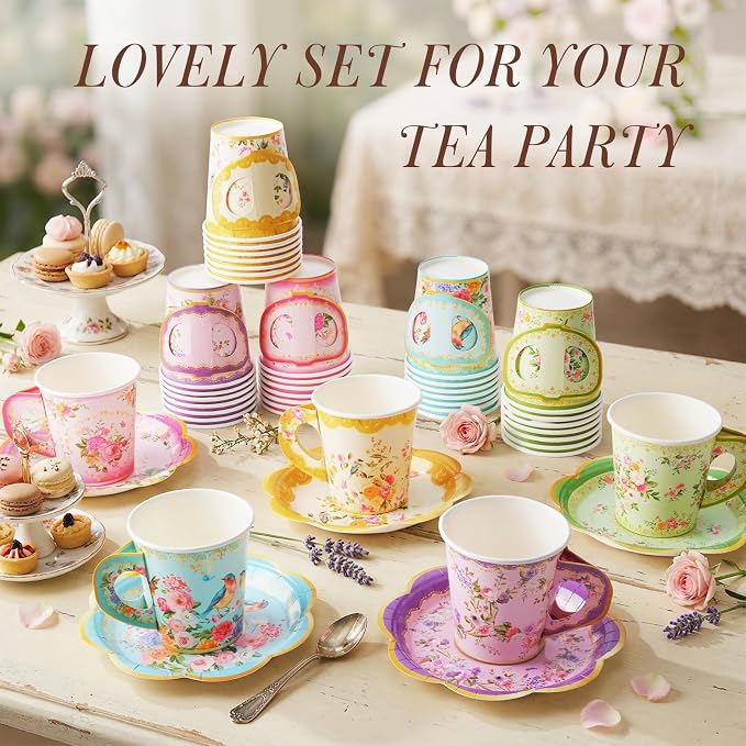 Disposable Tea Cups and Saucers, Floral Paper Tea Cups and Plates Serves 40 | - Image 5
