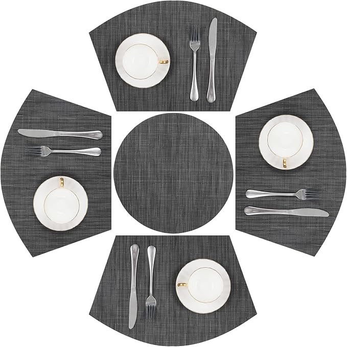SHACOS Small Round Table Placemats Set of 5 Woven Vinyl Wedge Placemats with Centerpiece Round Table Mats Heat Resistant Wipe Clean (5, Black Gray)