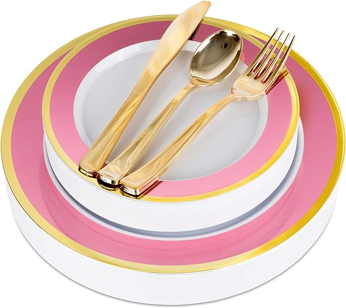 125-Piece White, and Gold Fancy Plastic Plates Disposable by StockYourHome