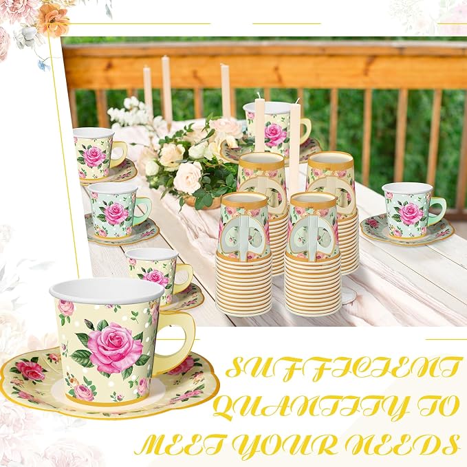 Umigy 60 Sets Floral Tea Party Decorations 6.5 oz Floral Paper Teacups & Saucer - Image 5