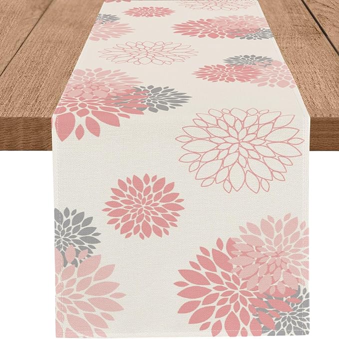 Pink Gray Table Runner Dahlia Pinnata Flower Beige Table Runners Modern Elegant by WHOMEAF