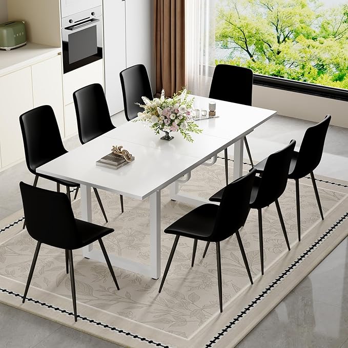 Extendable Dining Table Set for 8, 55"–71" Modern White Kitchen Table with 8 Upholstered Chairs, Space-Saving for Living Room Apartment, Sturdy & Comfortable, Easy Assembly