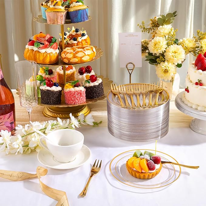 DaYammi 240Pcs Dessert Plates Include 120Pcs Gold Cake Plates 6.3inch with 120Pcs Gold Plastic Forks 5.7inch,Clear gold plates Disposable Salad Plate for Party Appetizer Plate for Wedding Birthday