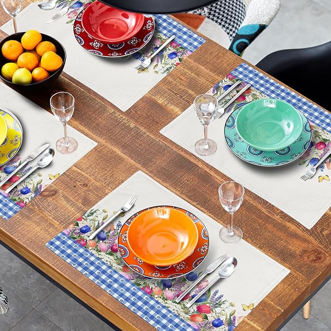 Tulip Placemats - Spring Easter Place Mats Set of 4 Blue Floral Plaid Place Mat 12x18 for Party Kitchen Dining Home