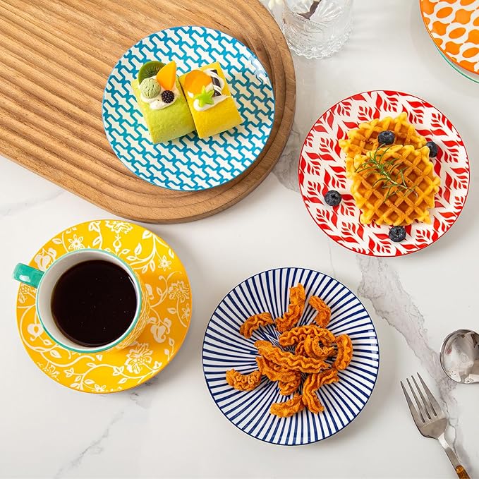 Ceramic Dessert Plates Set - Mini 6 Inch Appetizer Plates for Kitchen - Small Salad Plates for Cake Snacks, Side Dishes - Microwave Dishwasher Safe - Wedding Housewarming Gift - Assorted Colors