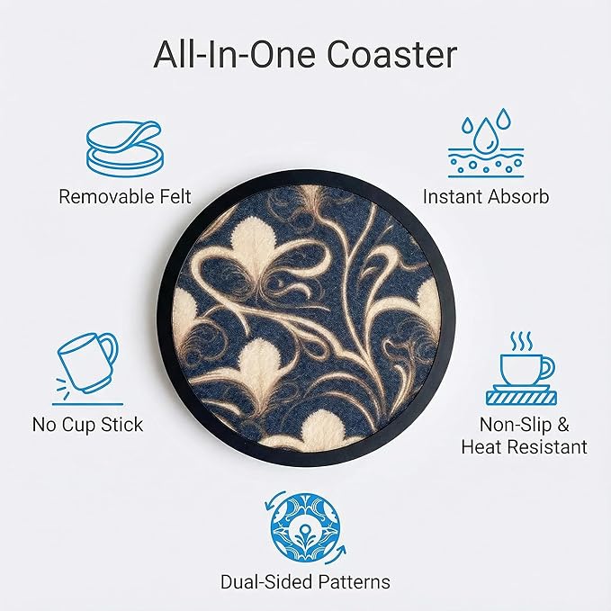 Absorbent Coasters for Drinks with Holder - 6packs, Silicone Coaster with Soft Felt Insert (4.3 inch Coasters with 4.5 inch Holder, Dual-Sided Flower -Themed Patterns)