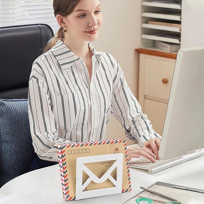 Desktop Metal Mail Holder,Modern Black Letter Organizer for Desk with Cutout Envelope Design,Home and Office Envelope and Document Storage Rack (White)
