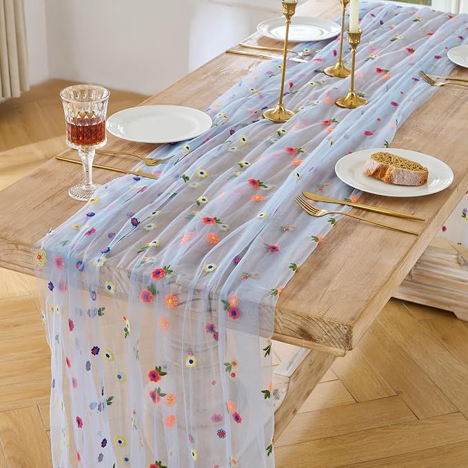BINBE 3pcs Daisy Spring Table Runner Embroidery Gauze 10FT Florals Seasonal - Image 2