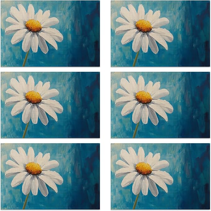 Table Placemats Set of 6, Waterproof Linen Fabric, Non-Slip Backing & Easy Clean, Elegant Dining Table Protectors for Family and Guests(Vintage Daisy Flower)
