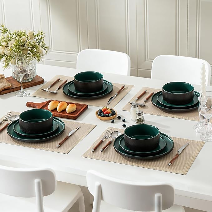 6 Piece Ceramic Dinnerware Set for 2, Modern Minimalist Stoneware Dinner Plates and Bowls, Microwave Safe, Dishwasher Safe, Versatile for All Seasons, Matte Green