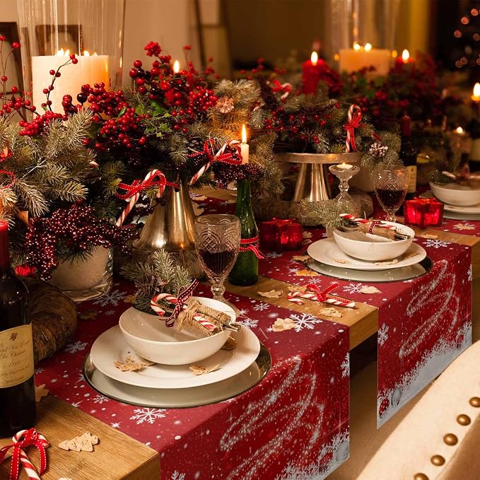 Red Christmas Table Runner 48 Inches Long, Xmas Tree Balls Snowflake Table - Image 6