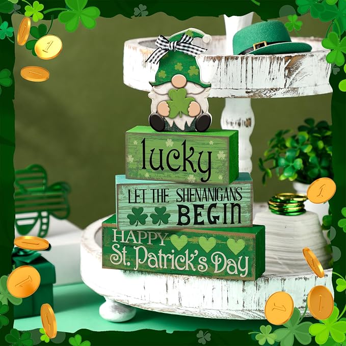 Moucuny 4 Pcs St. Patrick's Day Table Decoration Irish Tiered Tray Decor Wooden - Image 2