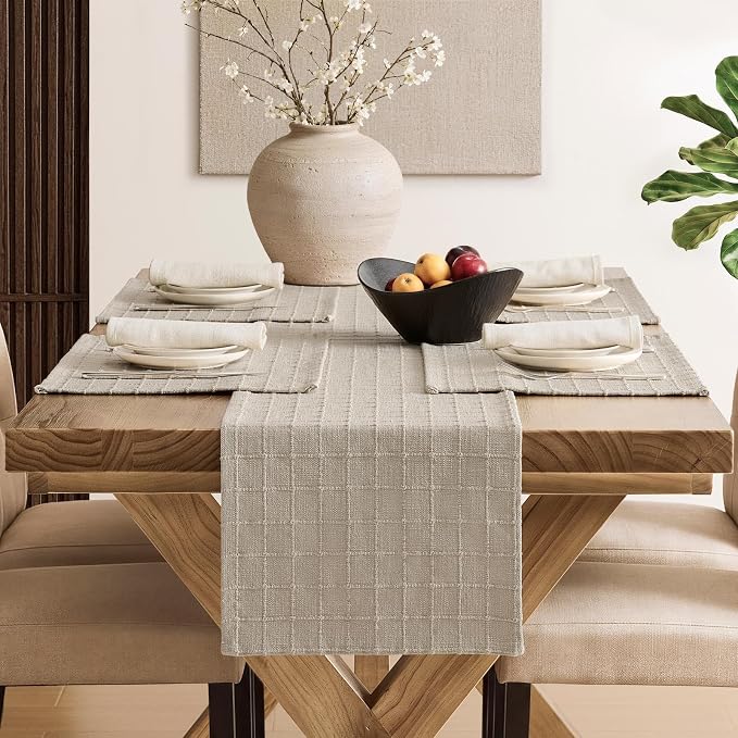 Artisanal Grid Linen Table Runner, 13x36 Inches Oatmeal | Heavy Textured - Image 4