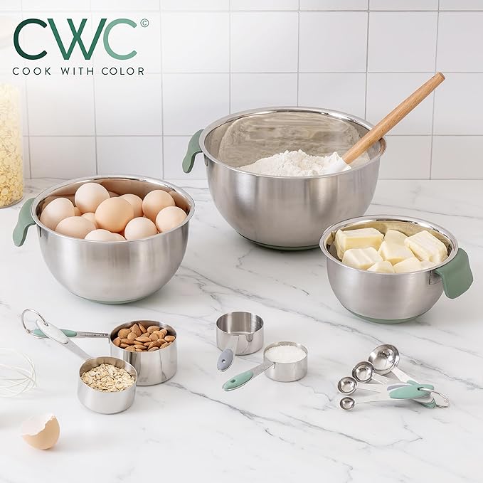 COOK WITH COLOR Stainless Steel Mixing Bowls Set and Measuring Cups- Nesting Bowls with Non-Slip Bottom and Easy-Grip Handles, Sage, 11 Pieces