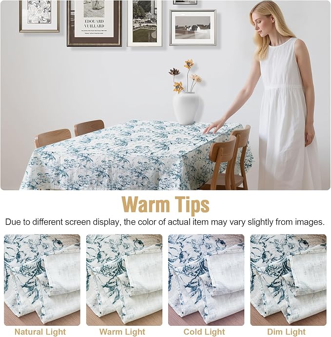 H.VERSAILTEX Linen Table Cloths Floral Printed Tablecloth Spill-Proof Waterproof Table Cover for Dining Buffet Feature Soft and Thick Fabric Wrinkle Free, 60 x 104 Inch, Vintage Botanical - Blue