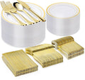 BESTVIP 300PCS Gold Plastic Plate Set (50 Guests), Plastic Plates for Party Wedding Birthday, Disposable Dinnerware Set of 100 Plates, 100 Forks, 50 Spoons, 50 Knives for Christmas